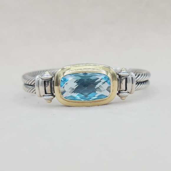 David Yurman Albion Elongated Double Cable Bracelet With Blue Topaz And Gold - Picture 2 of 13
